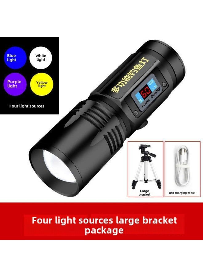 Four-light Source Zoom Fishing Lamp Purple Light Fishing Lamp Charged Display Strong Light Flashlight Charging High-power Night Fishing Lamp 99-Color:No. 1 Black Hawk Four Light-Big Three - Image 1