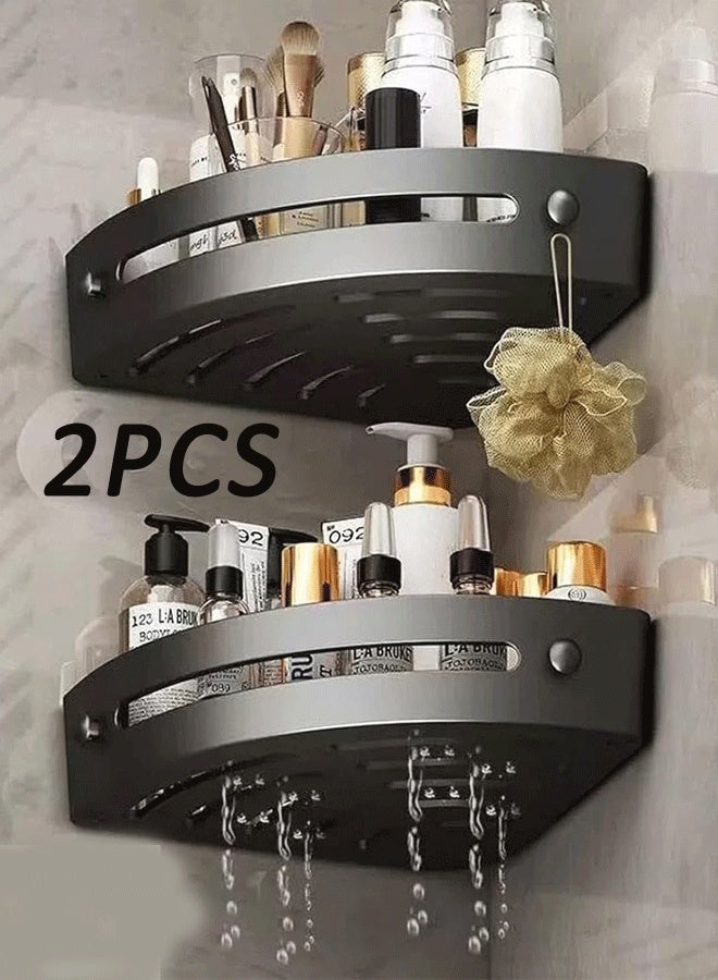 2 Pack Bathroom Corner Adhesive Shower Caddy,ABS Triangular Basket: Lightweight, Durable, and Budget-Friendly for Various Uses No Drill Shower Organizer with 2 Hooks，Corner shelf (Black)  - Image 1