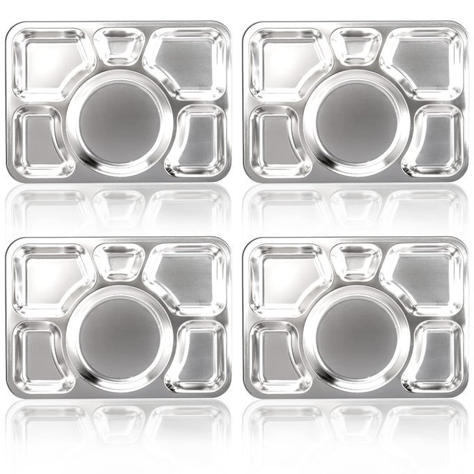 4 PACK STAINLESS STEEL DIVIDED DINNER PLATES 15X106 INCHES SNACK SERVING PLATE WITH 6 COMPARTMENT METAL FOOD TRAYS FOR ADULTS DIET FOOD PORTION CONTROL PICKY EATERS