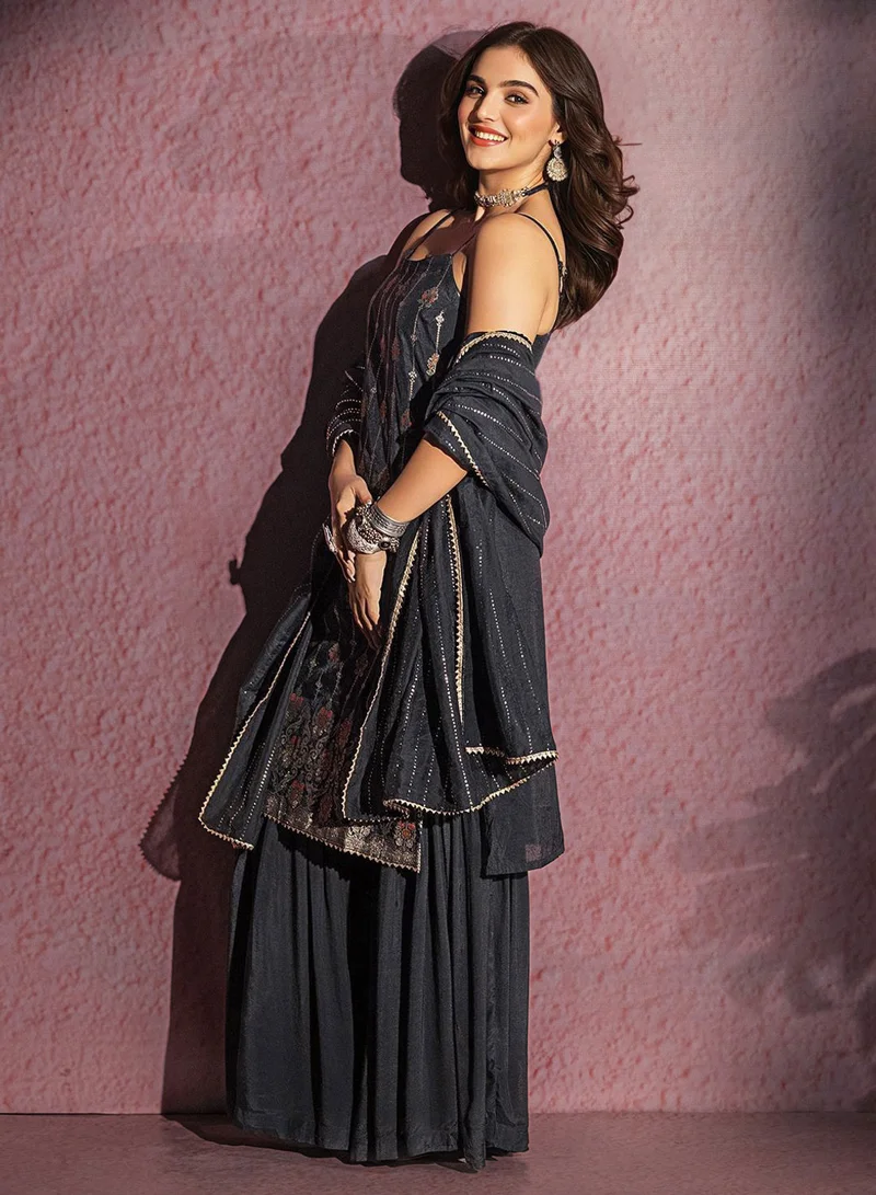 ISHIN Ethnic Motifs Regular Thread Work Kurta With Sharara & With Dupatta