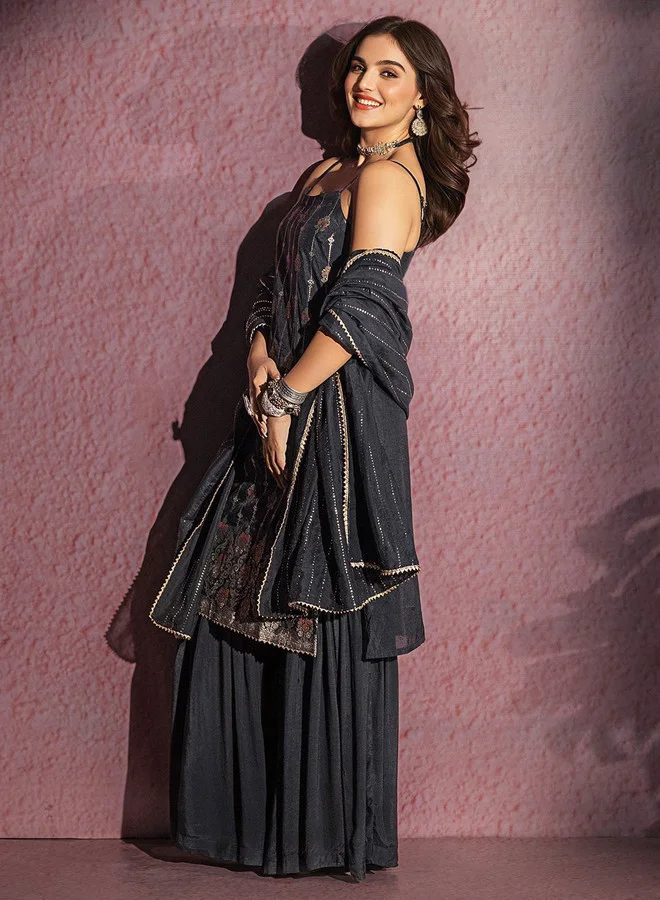 ISHIN Women'S Black 100% Cotton Woven Design Straight Fit Kurta Set