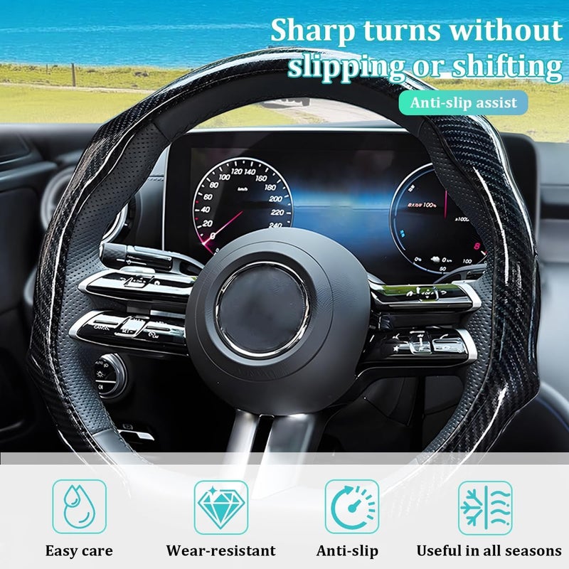 Sandfren Carbon Fiber Car Steering Wheel Cover, Non-Slip Comfortable Vehicle Steering Protector, Automotive Interior Wheel Wrap Cover Decoration Accessories, Universal Fit (Black) - Image 3