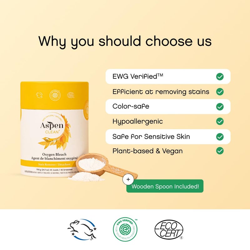 AspenClean | Unscented Oxygen Bleach Powder | Color Safe Laundry Stain Remover | Bleach Alternative | EWG Verifiedâ„¢, Hypoallergenic, Non-Toxic | 45 Loads - Image 3