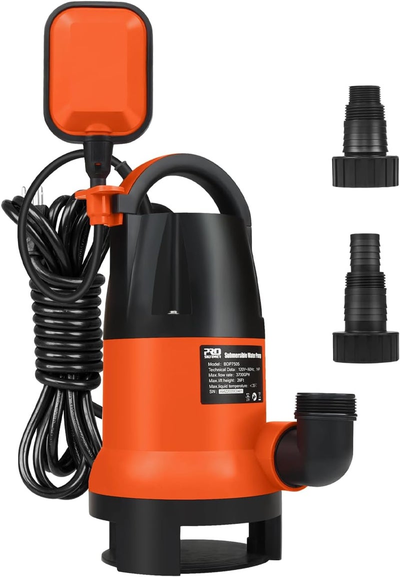 Prostormer Sump Pump, 1HP 3700GPH Submersible Clean/Dirty Water Pump with Automatic Float Switch for Pool, Pond,Garden, Flooded Cellar, Aquarium and Irrigation (Orange) - Image 1