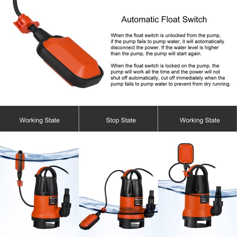 Prostormer Sump Pump, 1HP 3700GPH Submersible Clean/Dirty Water Pump with Automatic Float Switch for Pool, Pond,Garden, Flooded Cellar, Aquarium and Irrigation (Orange) - Image 3
