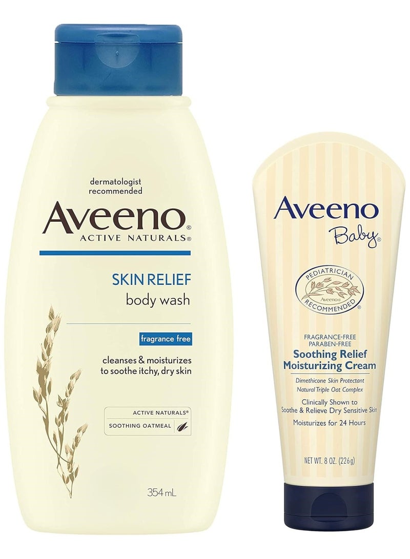 Aveeno Baby Soothing Relief Moisture Cream Fragrance Free, 226g & Aveeno Skin Relief Body Wash For Sensitive Skin, 354 ml - Image 1