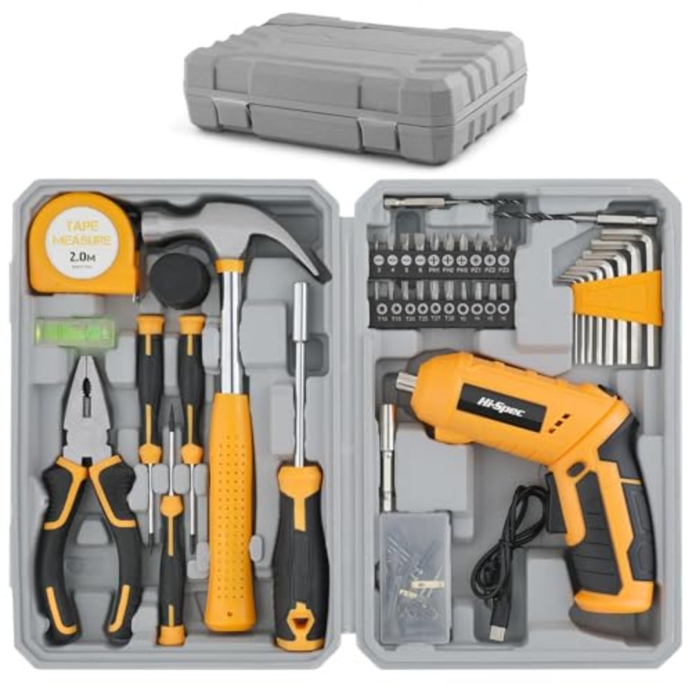 Household tool kit set with 4V USB cordless electric screwdriver, ABS plastic body, black and gray color, compact design for home DIY applications