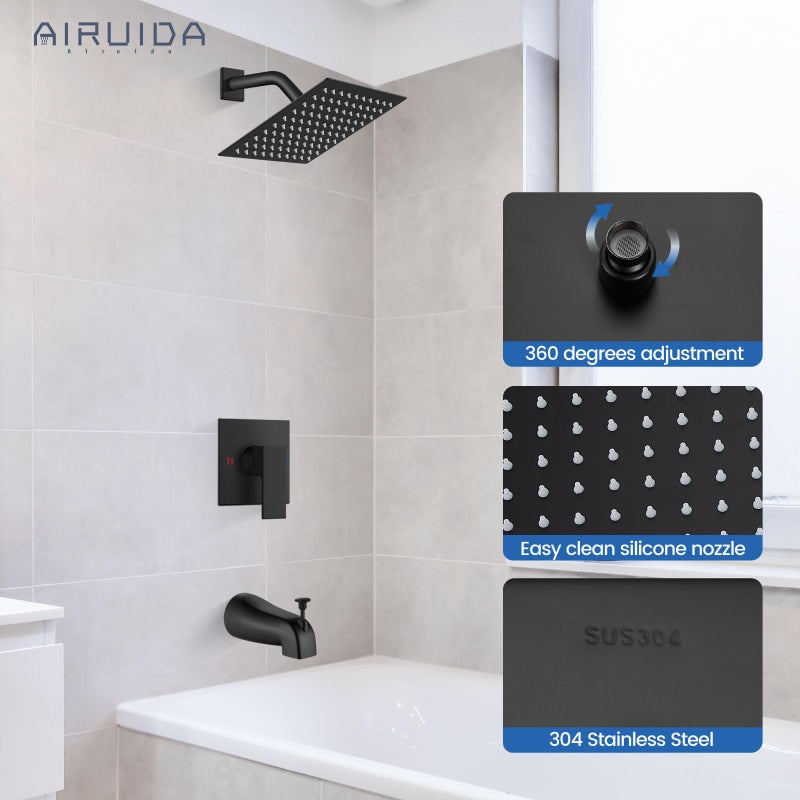 Airuida Shower Faucet Set with Tub Spout Bathtub Faucet Kit Shower Tub Faucet Set Complete Tub Shower Trim Kit with Solid Brass Rough-in Valve and Rainfall Square Showerhead,8 Inch-Matte Black - Image 5