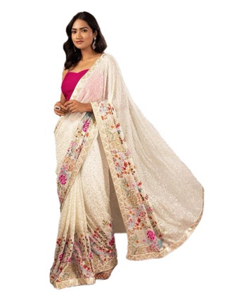 Georgette White Saree With Multi Colour Thread Plus Sequence Work and Unstitched Blouse - pzsku/ZA6CDD269AA064677FE60Z/45/_/1715184223/4abfbe77-c5e6-4a6f-a47d-9c62fc53fcfc