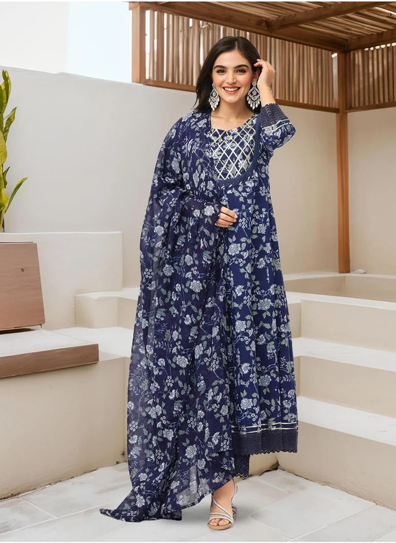 آي شين Women's Navy Blue 100% Cotton Embellished Tunic Full Length Casual Straight Fit Kurta Set