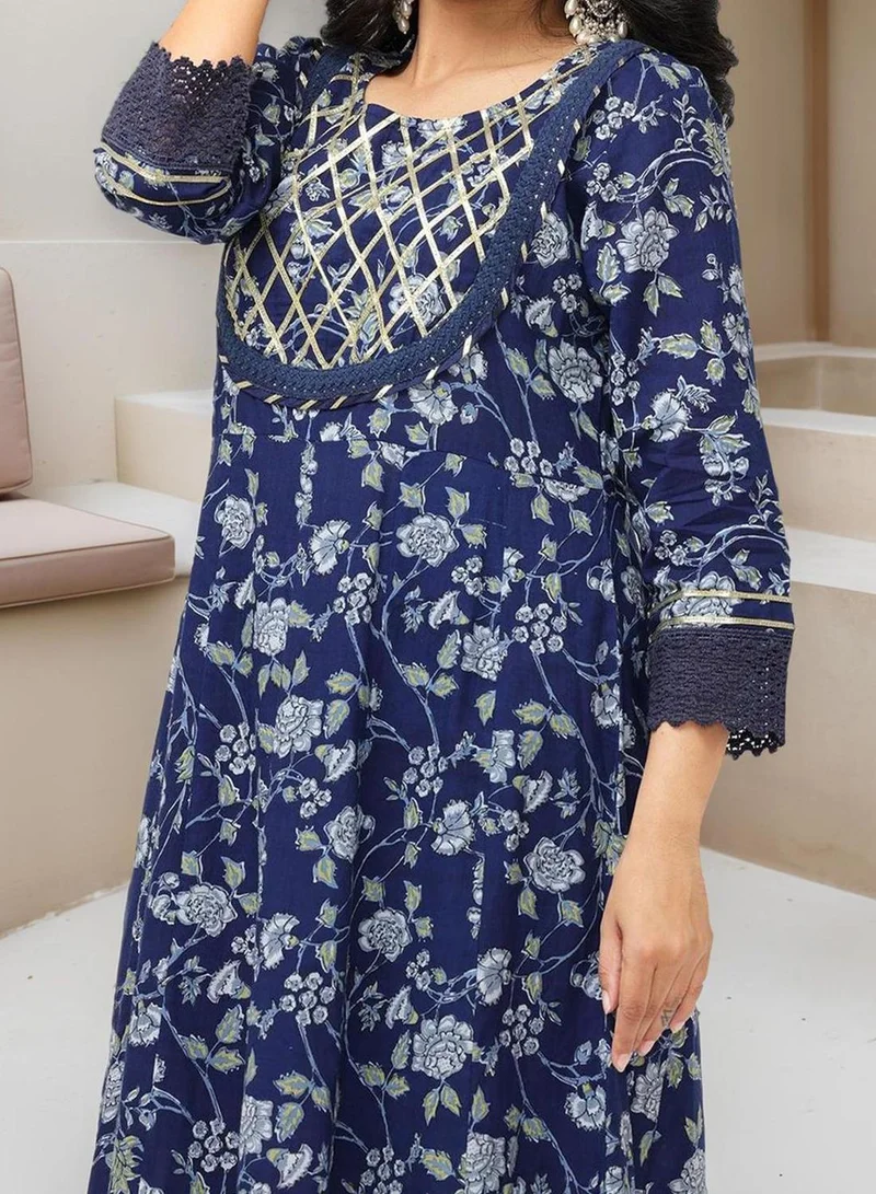 آي شين Women's Navy Blue 100% Cotton Embellished Tunic Full Length Casual Straight Fit Kurta Set