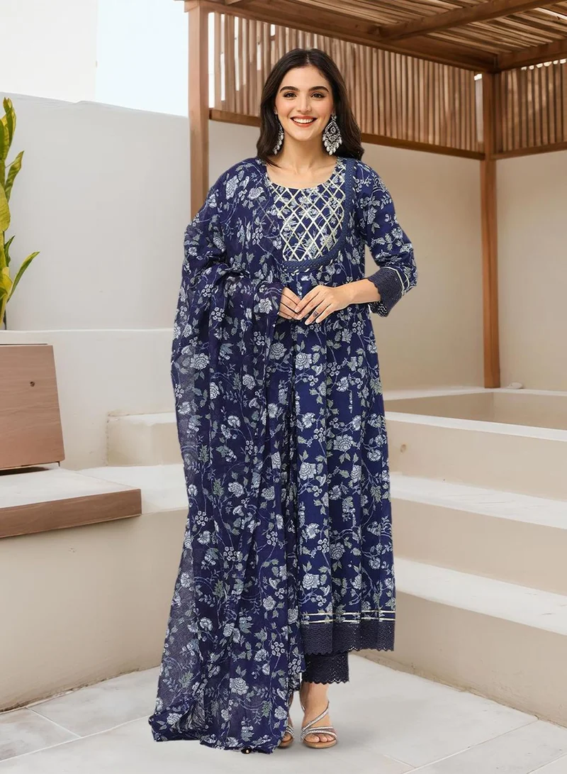 آي شين Women's Navy Blue 100% Cotton Embellished Tunic Full Length Casual Straight Fit Kurta Set