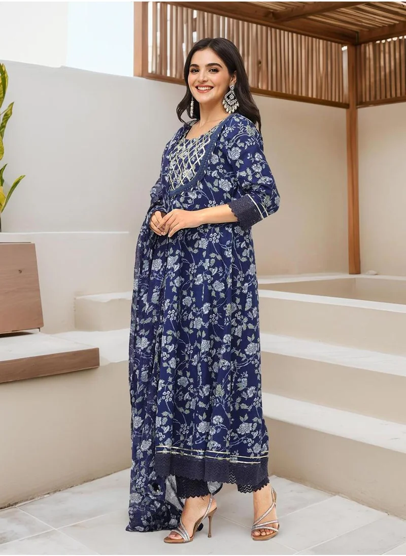 آي شين Women's Navy Blue 100% Cotton Embellished Tunic Full Length Casual Straight Fit Kurta Set