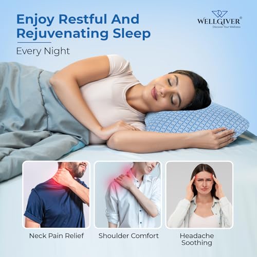WELLGIVER Ergonomic Memory Foam Pillow for Neck Pain | 2 Years Warranty | 21 x 14 x 4.5 Inch | Orthopedic Pillow for Side Sleeping | Removable Washable Jacquard Blue Cover | Pack of 2 - Image 4
