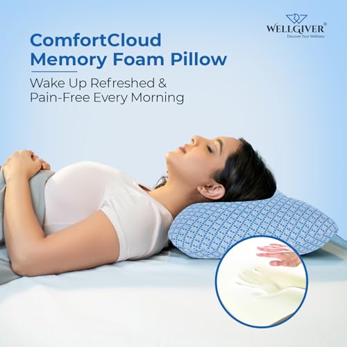 WELLGIVER Ergonomic Memory Foam Pillow for Neck Pain | 2 Years Warranty | 21 x 14 x 4.5 Inch | Orthopedic Pillow for Side Sleeping | Removable Washable Jacquard Blue Cover | Pack of 2 - Image 5