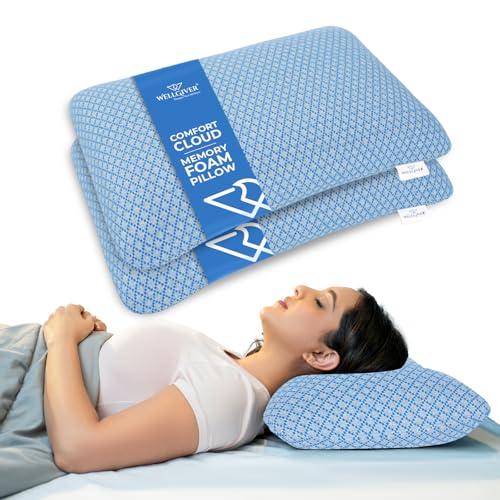 WELLGIVER Ergonomic Memory Foam Pillow for Neck Pain | 2 Years Warranty | 21 x 14 x 4.5 Inch | Orthopedic Pillow for Side Sleeping | Removable Washable Jacquard Blue Cover | Pack of 2 - Image 1