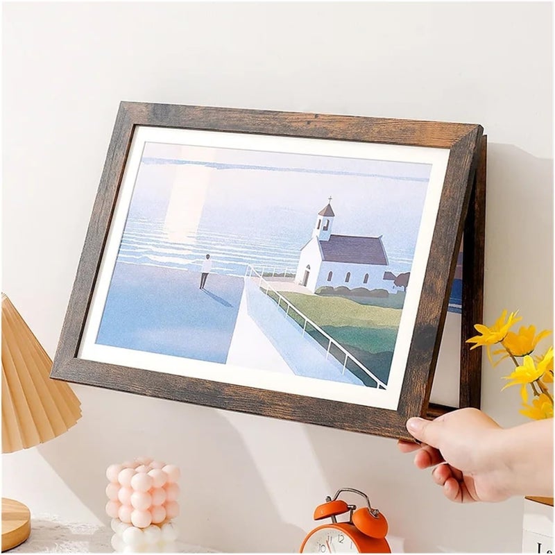 Simple Wooden Flap Photo Frame A3/A4 Framed Picture DIYChildren's Exhibition Of Paintings Home Decoration Storage Rack for Photo(Dark brown,A4) - Image 1