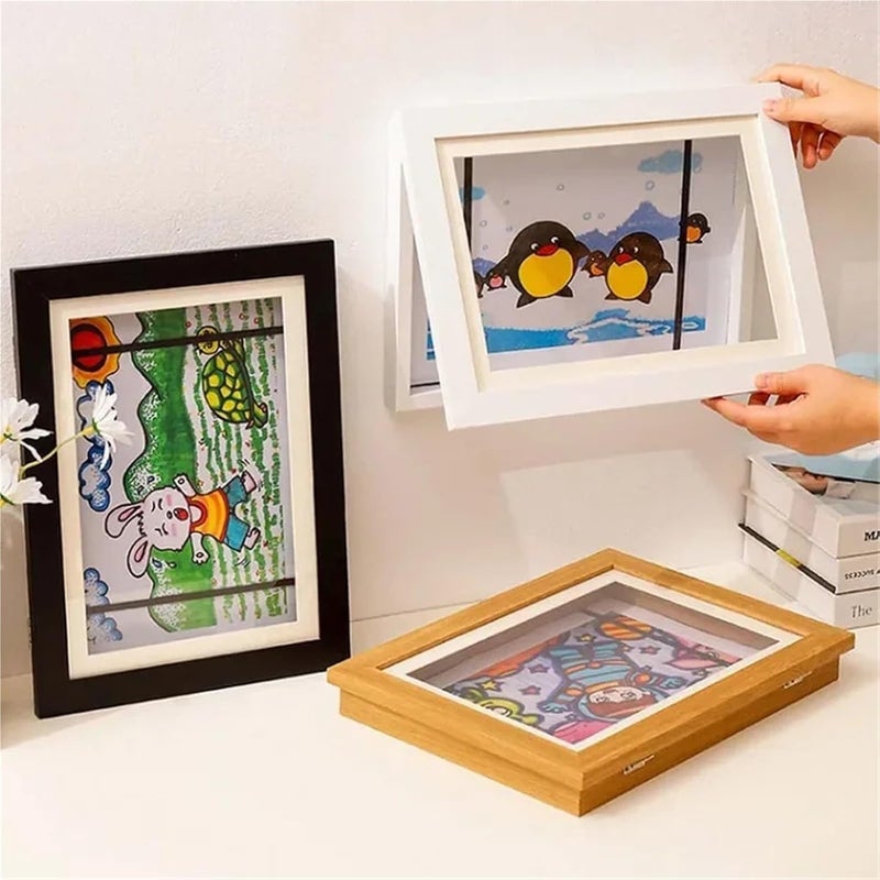 Simple Wooden Flap Photo Frame A3/A4 Framed Picture DIYChildren's Exhibition Of Paintings Home Decoration Storage Rack for Photo(Dark brown,A4) - Image 3