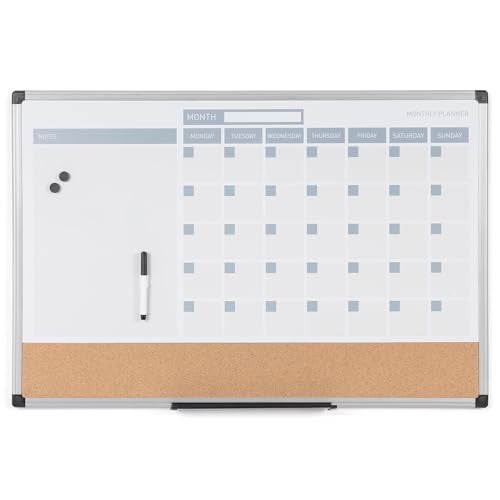 MasterVision Magnetic Dry Erase Monthly Calendar Planner Push Pin Corkboard Combo with Marker Tray 18 x 24 Gray Plastic Frame