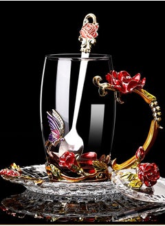 NIBEMINENT Exquisite enamel color carved designs glass cup with lid flower tea cup 350ml  - Image 1