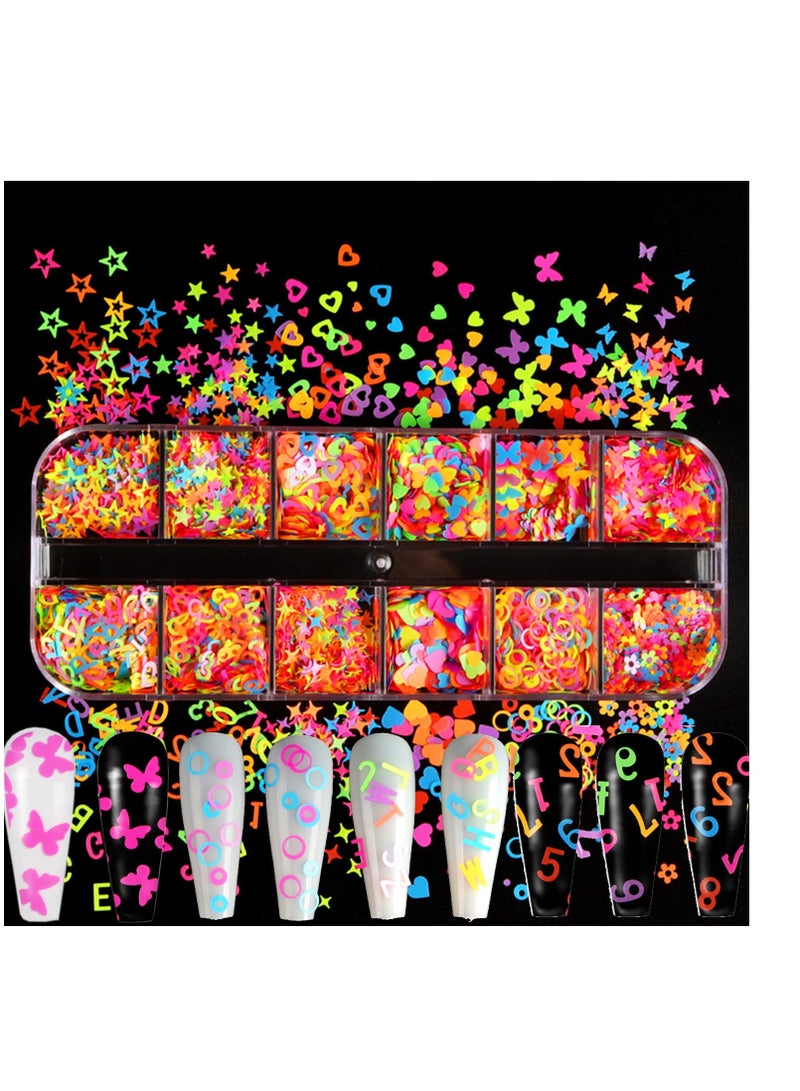 SYOSI Luminous Nail Art Sequins, Fluorescent 3D Nail Glitter Flakes Design, Butterfly Flowers Stars Heart Letters Nail Decorations Holographic Acrylic Supplies Accessories False Nails Manicure Confetti Kit  - Image 1