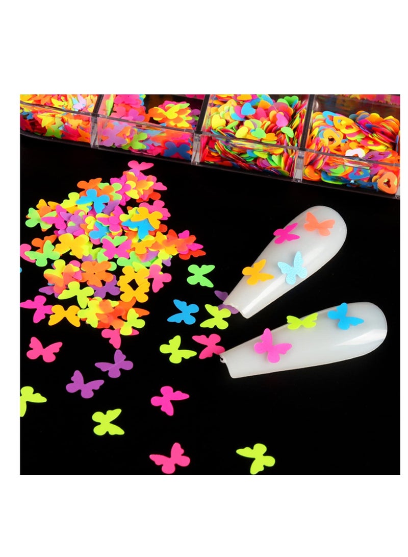 SYOSI Luminous Nail Art Sequins, Fluorescent 3D Nail Glitter Flakes Design, Butterfly Flowers Stars Heart Letters Nail Decorations Holographic Acrylic Supplies Accessories False Nails Manicure Confetti Kit  - Image 5