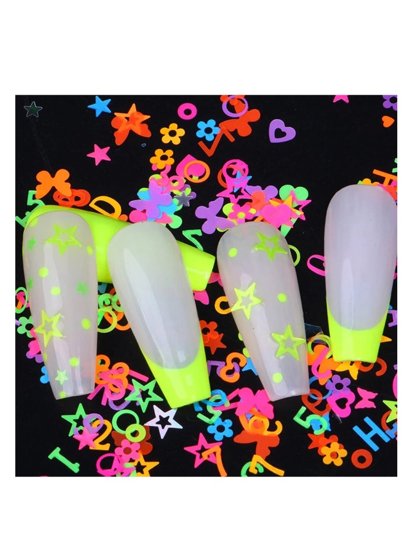 SYOSI Luminous Nail Art Sequins, Fluorescent 3D Nail Glitter Flakes Design, Butterfly Flowers Stars Heart Letters Nail Decorations Holographic Acrylic Supplies Accessories False Nails Manicure Confetti Kit  - Image 3