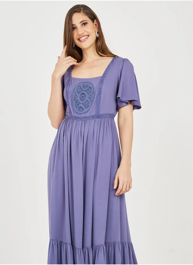 Styli Embroidered Square Neck A-Line Maxi Dress