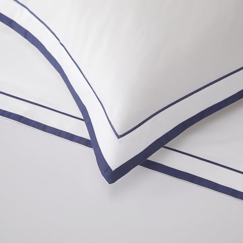 Ranznaz White Euro Pillow Shams Set of 2, 100% Cotton Euro Sham Covers with Navy Embroidered Double Border, 400TC Sateen Weave Elegant Luxury Hotel Decorative Pillow Cases for Bedding, 26x26 Inches - Image 2