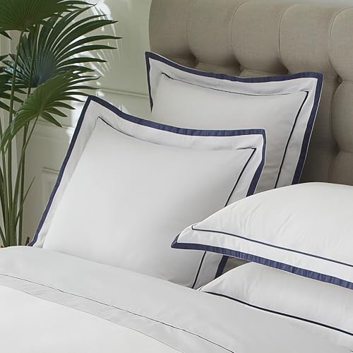 Ranznaz White Euro Pillow Shams Set of 2, 100% Cotton Euro Sham Covers with Navy Embroidered Double Border, 400TC Sateen Weave Elegant Luxury Hotel Decorative Pillow Cases for Bedding, 26x26 Inches - Image 1