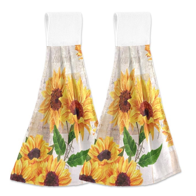 VINTAGE SUNFLOWER HANGING KITCHEN TOWEL YELLOW FLORAL FLOWERS HAND TOWEL 2 PCS ABSORBENT HANGING TIE TOWELS FOR BATHROOM LAUNDRY ROOM KITCHEN 12 X 17 INCHES