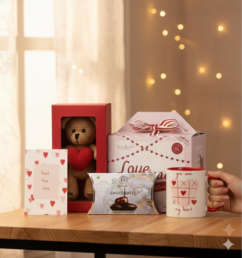 THE GIFT STUDIO.COM Valentine Gift Hamper – Love Mail Bento Box with Soft Teddy, "You Won My Heart" Mug, Chocodate & "Feel The Love" Greeting Card | Romantic Gift for Anniversary, Wedding, Engagement & Valentine Gifts for Couples - Image 1