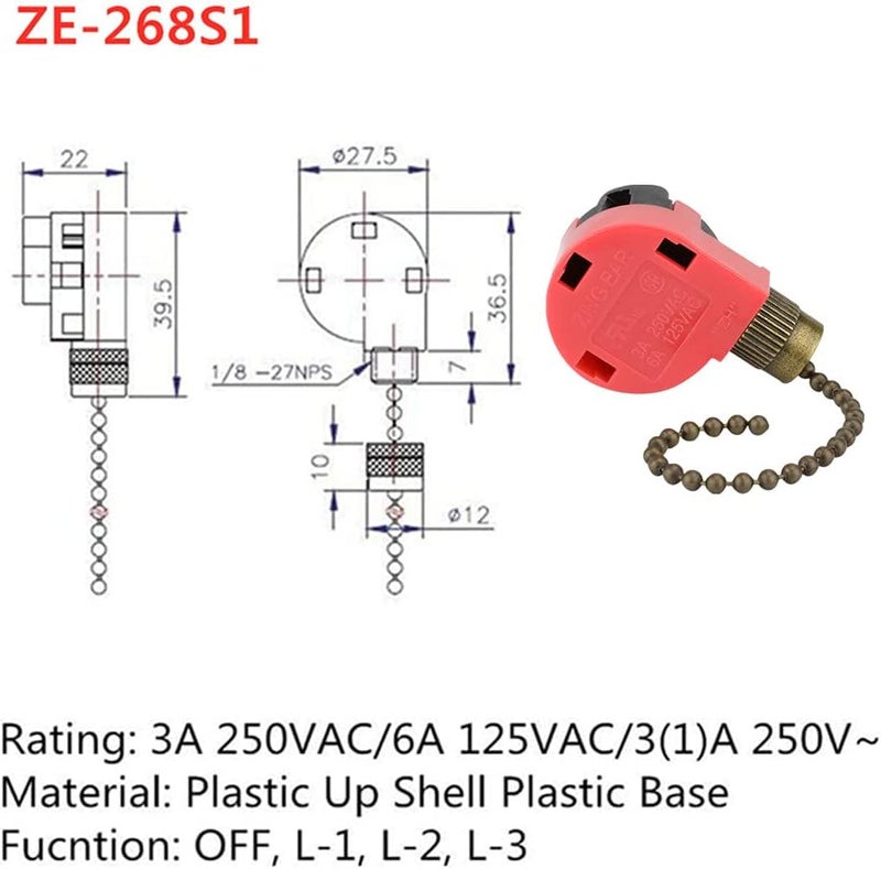 DAYONE ZE-268S1 Ceiling Fan Switch Zing Ear 3 Speed 4 Wire Pull Chain Control Replacement for Fans, Wall Lamps, Cabinet Light, Antique 2PCS - Image 2