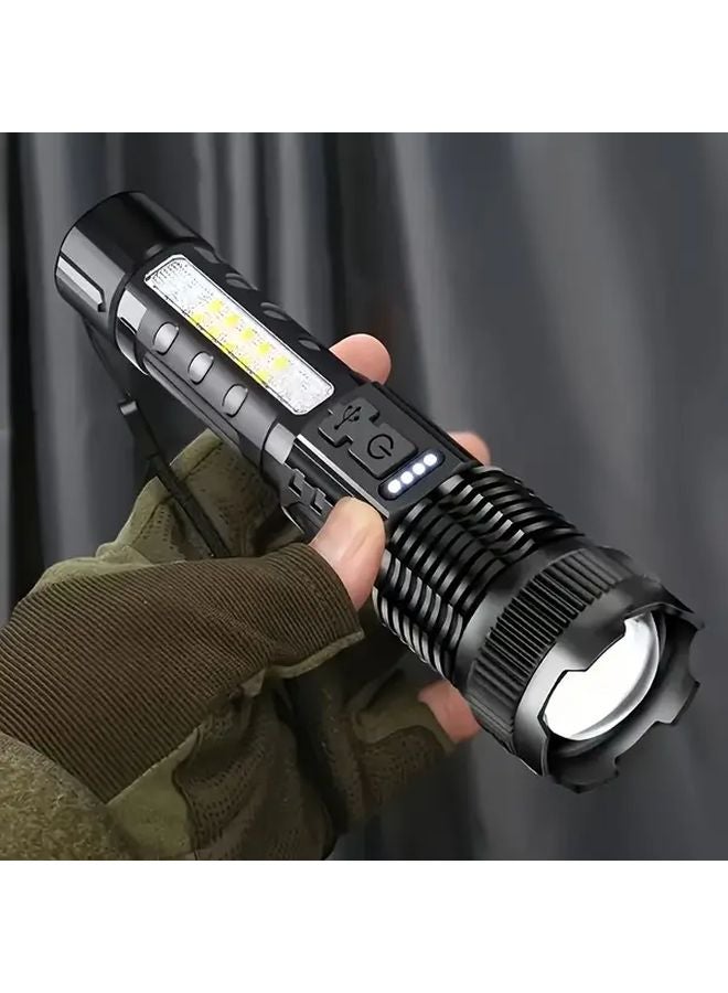 Ac 2pc Black LED Ultra Bright Flashlight With Side Lights Adjustable Focus USB Charging - Image 3