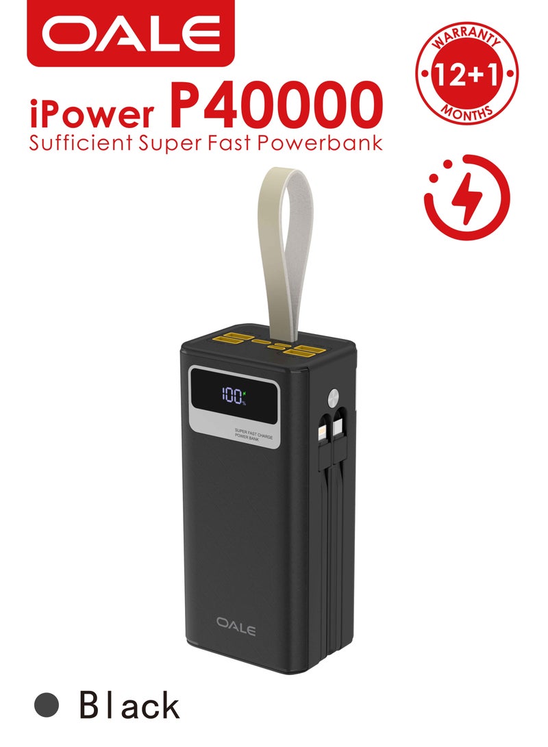 OALE iPower P40000 Black 40000mAh Power Bank, 22.5W Super Fast Charge, Built-in Type-C & Lightning Cables, LED Light, Power Level Indicator - Image 1