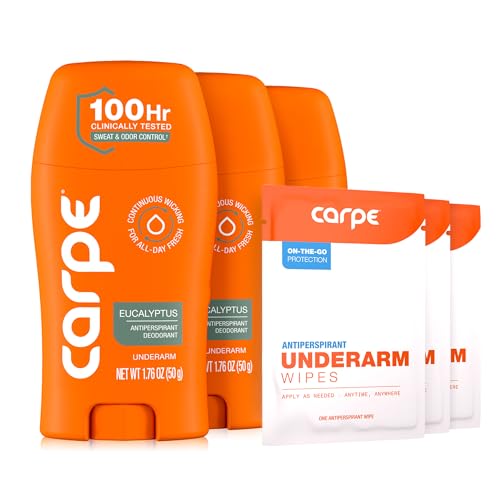 Carpe Underarm Antiperspirant Deodorant for Women and Men Antiperspirant Deodorant for Stinky Sweaty Armpits Eucalyptus 3 Pack with 3 Bonus Underarm Wipes - Image 1