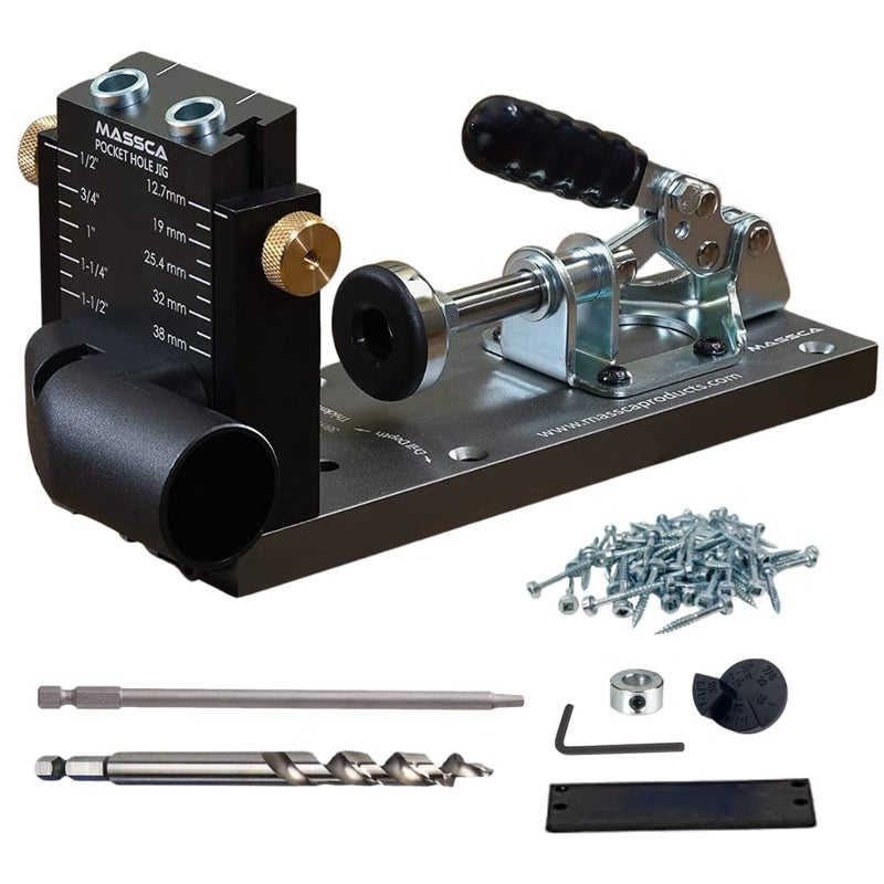 Massca Pocket Hole Jig Kit M1 - Adjustable & Easy to Use Pocket Screw Jig - Heavy Duty Drill Jig for Angled Holes with Drill Bit, Pocket Self Tapping Screws &Driver Bit, - Image 1