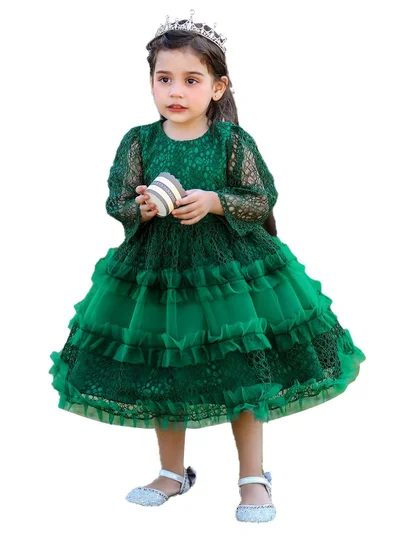 babyqlo Green knee-length dress with mesh and frill patterns for girls