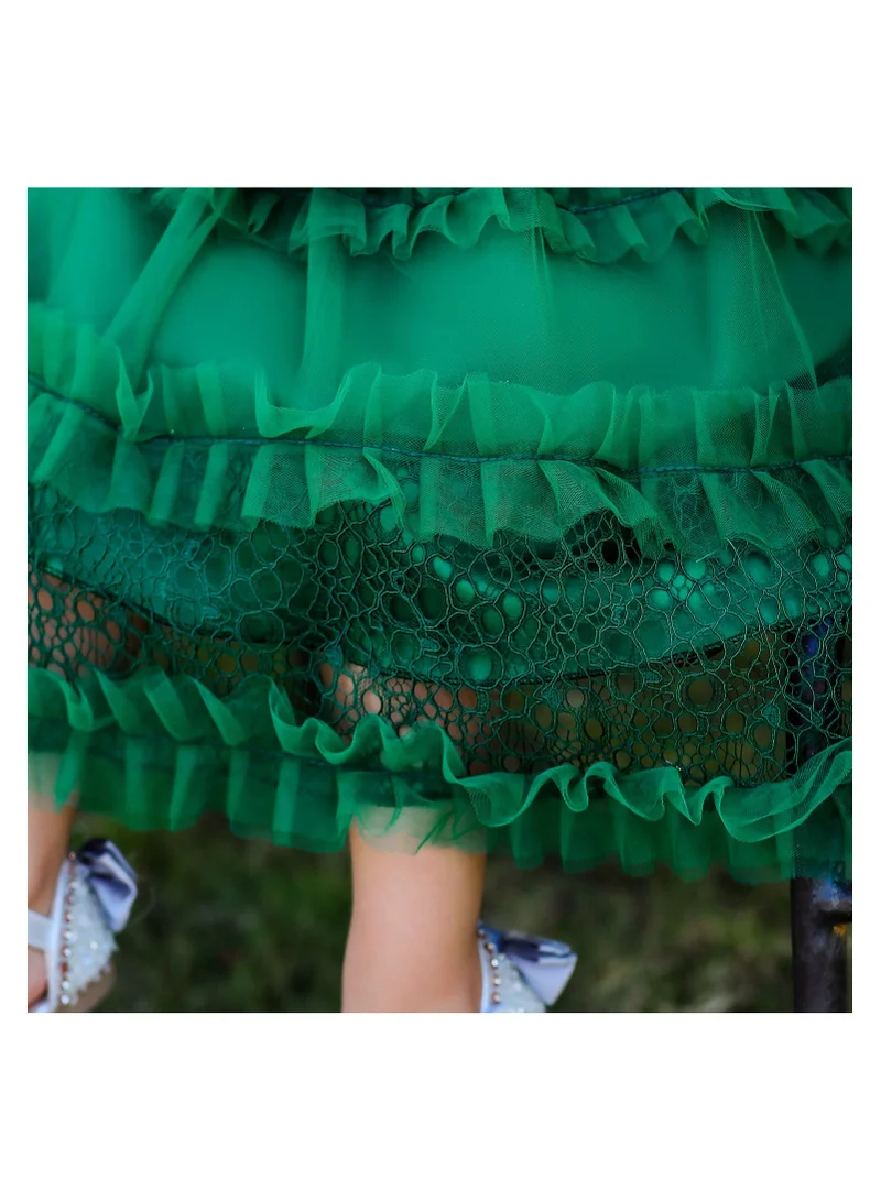 babyqlo Green knee-length dress with mesh and frill patterns for girls