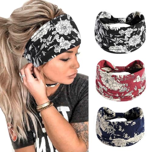 K-Elewon 3 Pack Women Wide Elastic Head Wrap Headband Sports yoga Hair Band(3 Pack(A07)) - Image 1