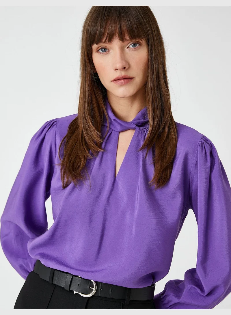كوتون Long Sleeve Neck Detail Satin Blouse