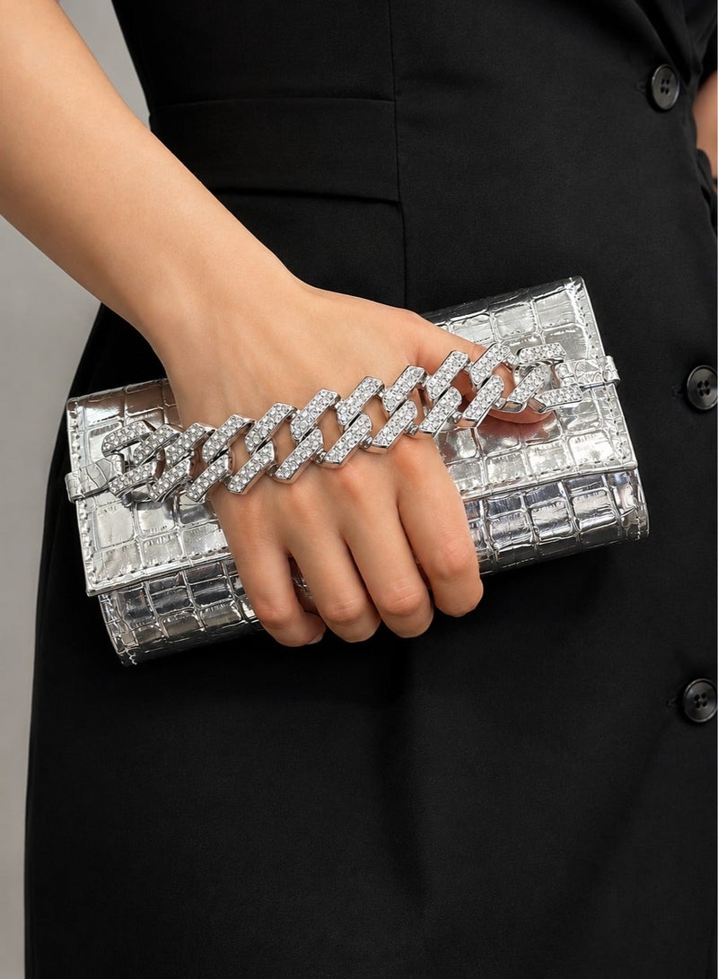 Women’s Silver Clutch Bag With Elegant Crystal Chain – Evening Clutch For Parties And Special Occasions - Image 1
