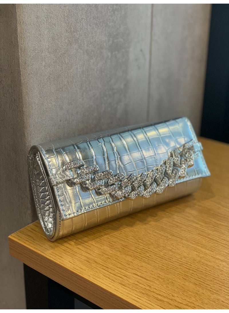 Women’s Silver Clutch Bag With Elegant Crystal Chain – Evening Clutch For Parties And Special Occasions - Image 5