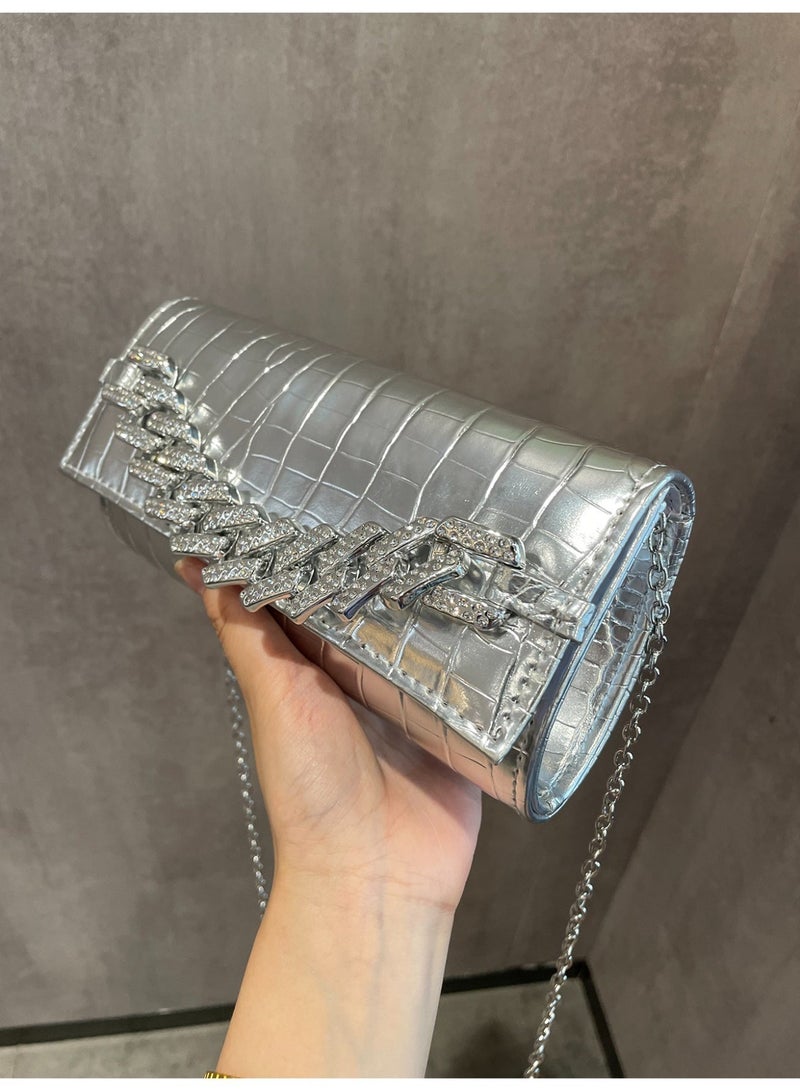 Women’s Silver Clutch Bag With Elegant Crystal Chain – Evening Clutch For Parties And Special Occasions - Image 4