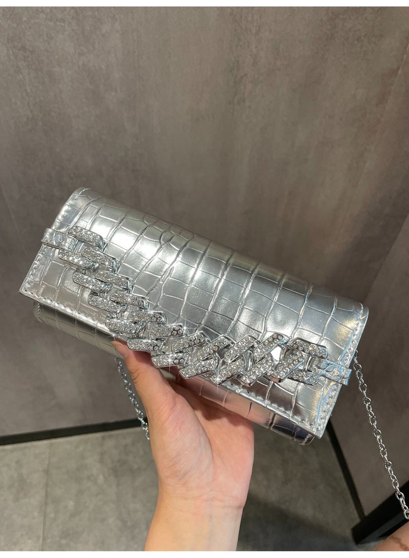 Women’s Silver Clutch Bag With Elegant Crystal Chain – Evening Clutch For Parties And Special Occasions - Image 2