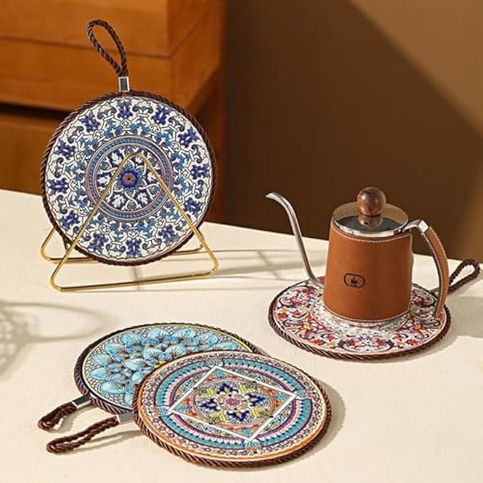 Moonmen 3Pcs Decorative Trivet Set With Palace Design Cork Base AntiSlip Kitchen Hot Pads With Hanging Loop Mandala Pattern Randomly - Image 3