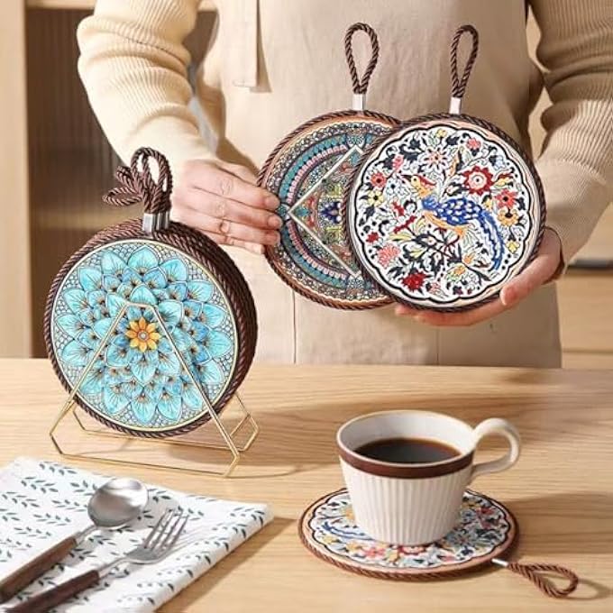 Moonmen 3Pcs Decorative Trivet Set With Palace Design Cork Base AntiSlip Kitchen Hot Pads With Hanging Loop Mandala Pattern Randomly - Image 1