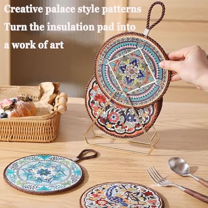 Moonmen 3Pcs Decorative Trivet Set With Palace Design Cork Base AntiSlip Kitchen Hot Pads With Hanging Loop Mandala Pattern Randomly - Image 4
