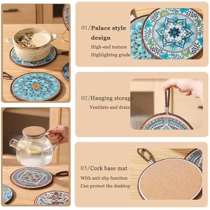 Moonmen 3Pcs Decorative Trivet Set With Palace Design Cork Base AntiSlip Kitchen Hot Pads With Hanging Loop Mandala Pattern Randomly - Image 5