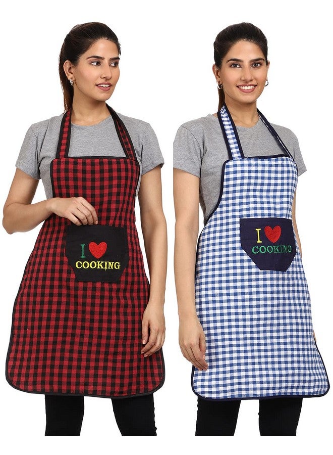 JMi Cotton Checkered Design Waterproof Apron with Multipurpose Front Large Embroidered Pocket Pack of 2 (RED BLUE) - Image 1